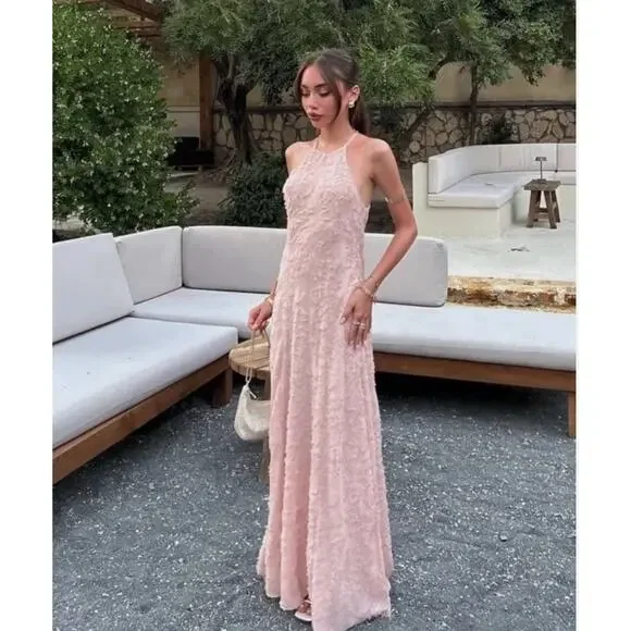 ZARA NEW WOMAN SS25 STRUCTURED MAXI HALTER DRESS BEIGE-PINK XS - Picture 7 of 11